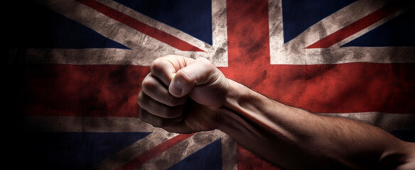 A clenched fist forefronts the UK flag, symbolizing strength and patriotism, Muted colors suggest resilience