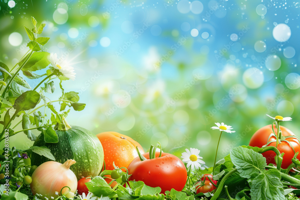 Poster a slide background for showcasing a healthy lifestyle. fruits and vegetables. background image. crea