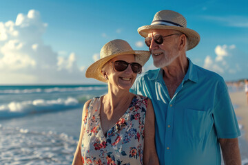 Happy elderly couple in love walking along the beach on a sunny day. Valentine's Day, Senior...