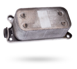 Gearbox heat exchanger - radiator, with metal chrome elements and tubes - detail of a car mechanism...