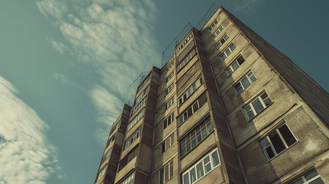 Soviet-Era High-Rise Under Blue Sky
