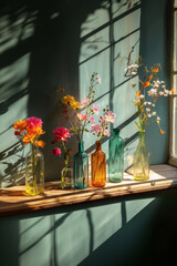 Beautiful indoor scene with glass vases with colourful flowers on wooden shelf by the window, warm sunlight coming in creating shadows on the rustic wall.
