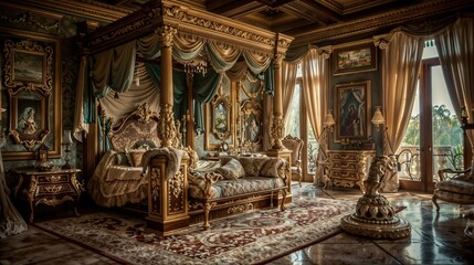 Opulent Baroque Bedroom with Luxurious Drapery and Furnishings