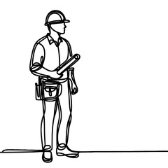The foreman, supervising construction, in a line drawing style