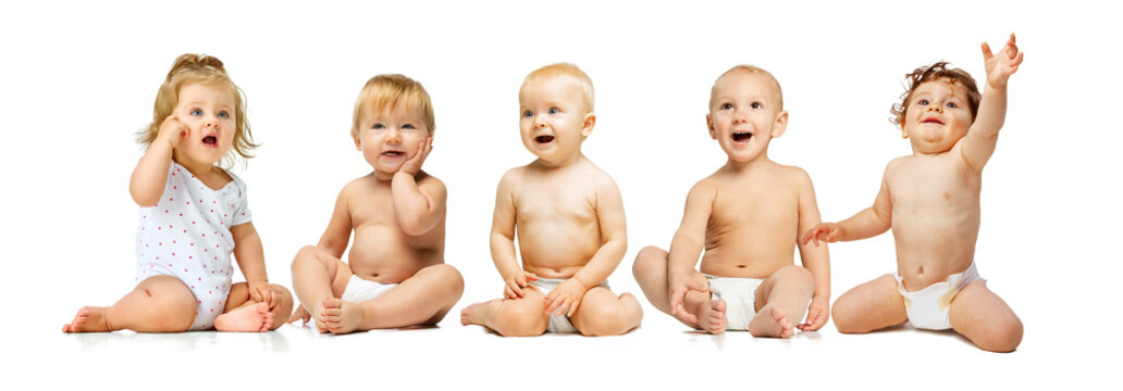 Banner. Collage. Happy, joyful babies, children, boys and girls in diapers sitting against white studio background. Concept of childhood, motherhood, family, health, care. Copy space for ad