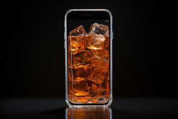 Translucent cell phone filled with Whisky over ice, or "on the rocks"