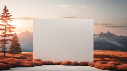 Blank white poster against scenic landscape with fir trees in the field at sunset