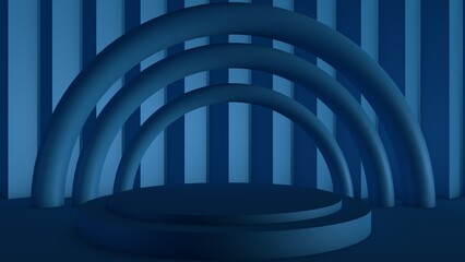 An abstract arch-shaped stage with rings and strips