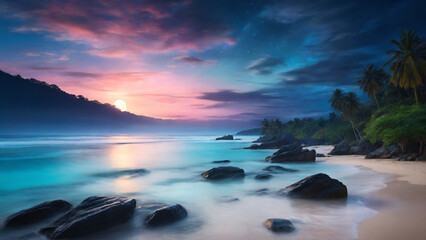 Fototapeta na wymiar Tropical beach at sunrise, panorama, blue and pink tones