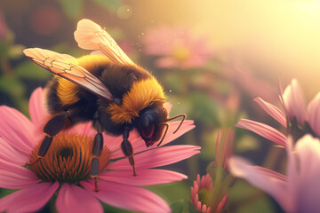 cute big 3D bee on flower - spring or summer background. close up. Can used for bee day banner or greeting card. 