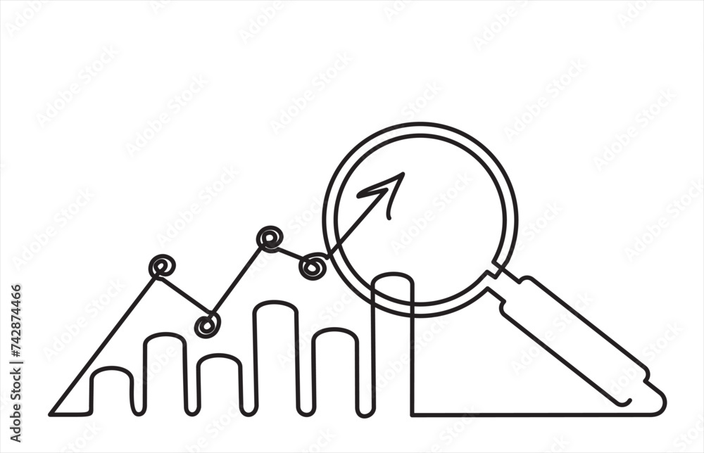 Poster continuous one line drawing of increasing up arrows bar graph and magnifying glass. search. hand dra