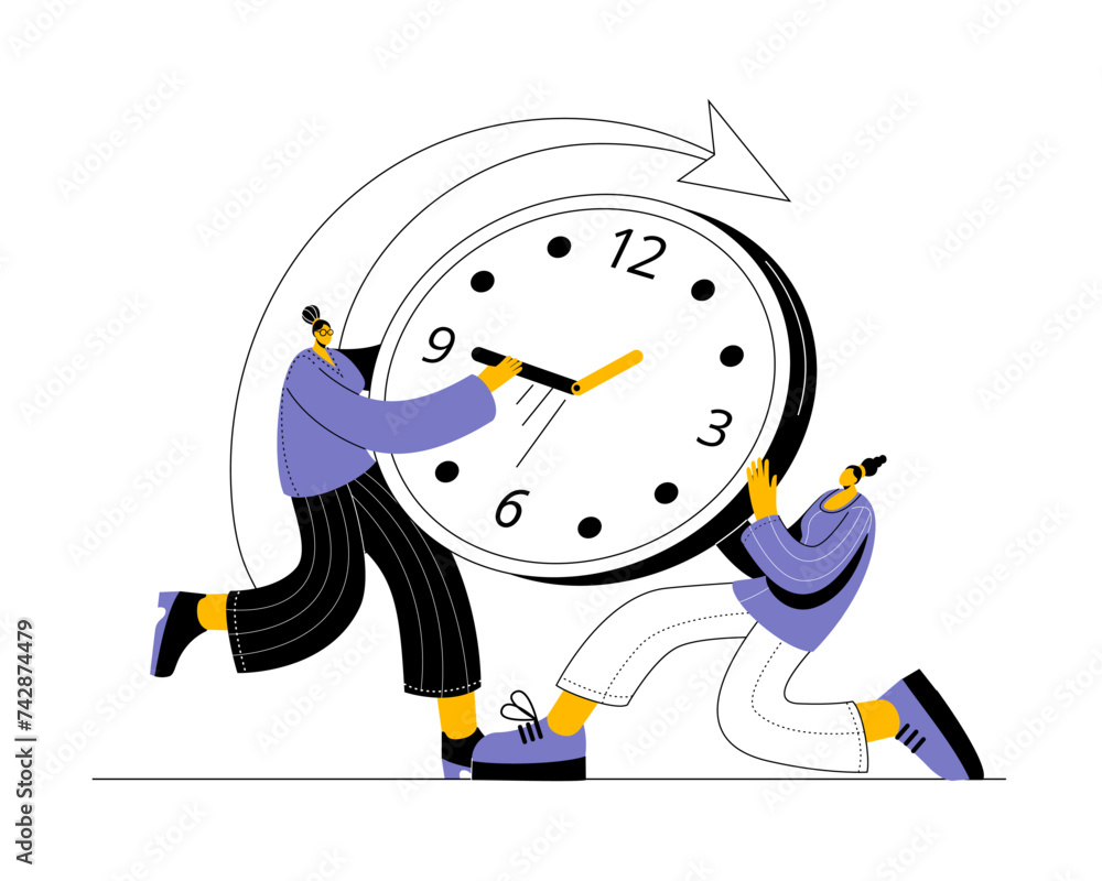Poster the character is trying to stop time. vector illustration concept on the topic of time management.