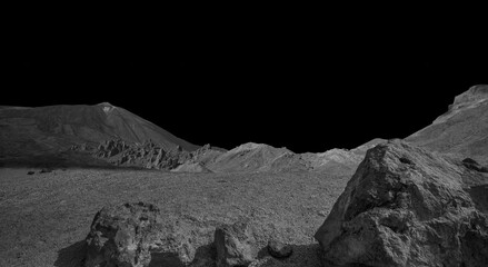 Moon. Desert space landscape.  Cosmic scene with desert, stone, sand and black sky