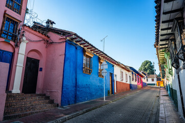 Historical colonial buildings in La Candelaria neighborhood in Bogota, Colombia - 742875086