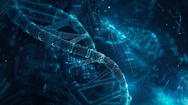 In this imagery a double helix and digital code coalesce marking the dawn of an era where genetic information storage transcends binary limitations
