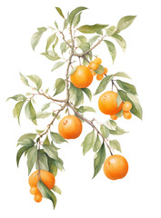 A branch with ripe oranges and green leaves is depicted in this printable wall art. The oranges hang from the branch alongside the lush leaves.