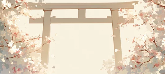 Fotobehang spring season artful background, shrine gate entrance with cherry flower blossoming, Ai Generated © Seek and Find