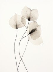 A black and white depiction of three flowers, showcasing their elegance and delicate details against a contrasting background.