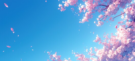 pink cherry blossom tree against blue sky, petals fly with wind blow, Ai Generated