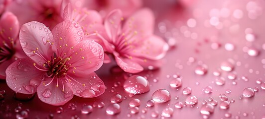 close up pink cherry flower with water droplet, moisture drop, Ai Generated