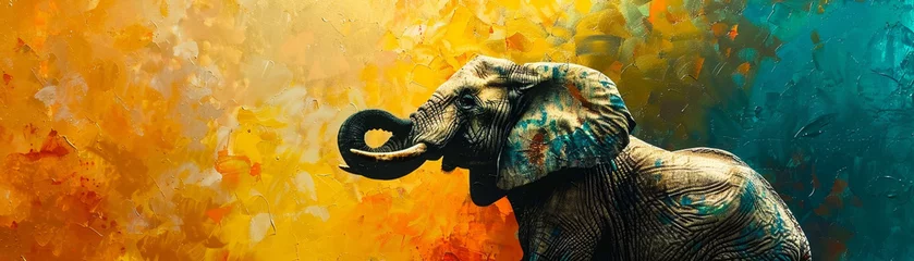 Zelfklevend Fotobehang A surreal depiction of an elephant holding a banana in its trunk against a vibrant backdrop © Bordinthorn