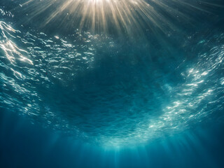 Fototapeta na wymiar Underwater view of the sunbeams shining through the water surface