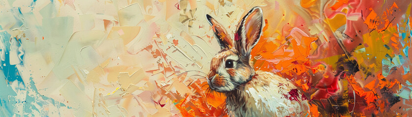 Develop a unique and creative composition of a rabbit and a carrot set against an abstract background demonstrating the artists innovative approach