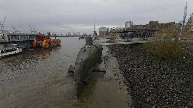 Hamburg, Germany. U-Boot Museum Hamburg. U-434 im Hamburger Hafen. Russian submarine U-434 on bank of River Elbe near the St. Pauli fish market. Submarine Museum. 
