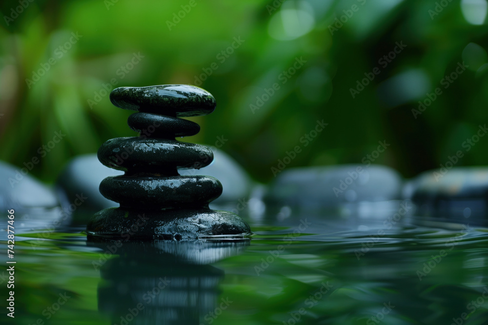 Poster zen stones in water. a slide background for showcasing wellness and meditation. background image. cr
