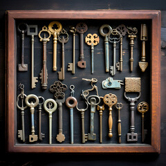 Antique key collection in a wooden box.