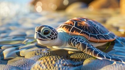 Utilize 3D animation techniques to bring to life a plasticine sea turtle exploring a surreal backdrop background