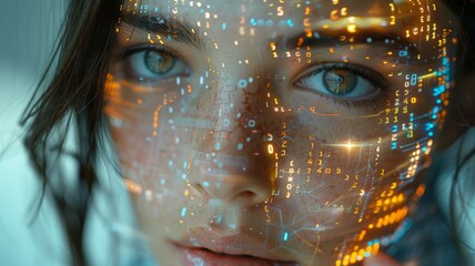 Close up of a cyborgs face half human half machine with binary code flowing across the skin reflecting a futuristic interface set against a sci fi laboratory background - obrazy, fototapety, plakaty