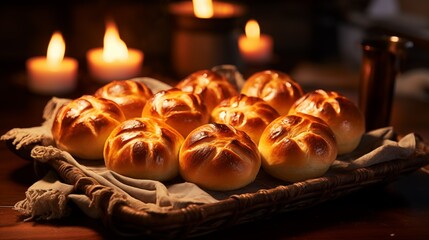 Freshly baked bread rolls with a golden crust in a basket with a tea light