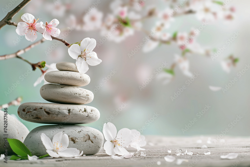 Poster Zen stones and flowers. A slide background for showcasing wellness and meditation. Background image. Created with Generative AI technology.