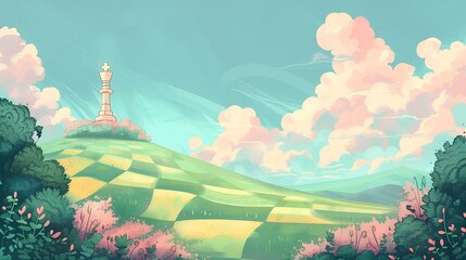 Cartoon Chess King piece standing on the chessboard colorful fields - wallpaper background with beautiful landscape in anime style