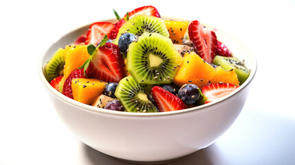 Side view of delicious raw salad, cut fruits including strawberries, blueberries, mango, kiwi, chia seeds in white bowl on white backgrdound - Powered by Adobe