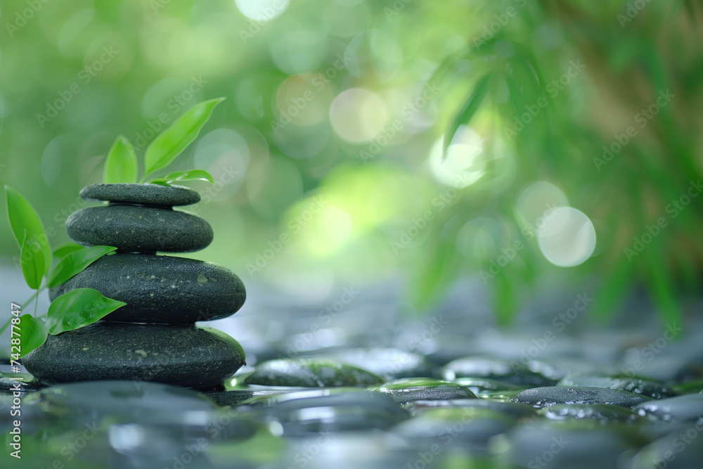 Poster zen stones in water. a slide background for showcasing wellness and meditation. background image. cr