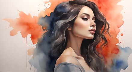 Portrait of a beautiful young woman with long hair and  colorful watercolor explosion in the background, abstract patterns, AI generated