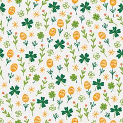 St.Patrick's Day seamless pattern with flowers, stars, quatrefoil, shamrocks