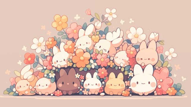 cute adorable cartoon of baby rabbits in flower blossom pot, Easter cartoon,  Ai Generated