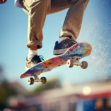 Close-up of a skateboarders feet in mid-air. 