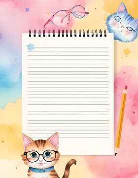 A photograph of a white cat with glasses and a pencil on a watercolor background. The creative arts of this felidae organism are depicted with pink accents and artistic lines