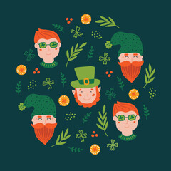 St. Patrick's Day greeting card with man, leprechaun, leaves, coins