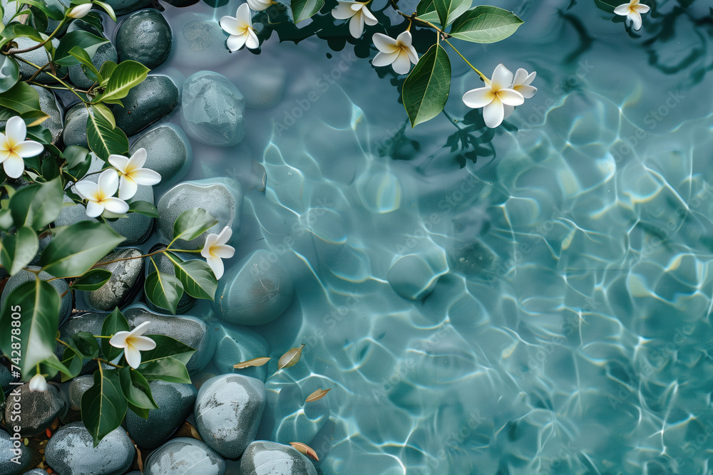 Poster stones and flowers in water. a slide background for showcasing wellness and meditation. background i