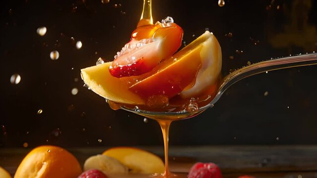 spoon with peach apple fruit slices and honey caramel syrup pouring over it. 