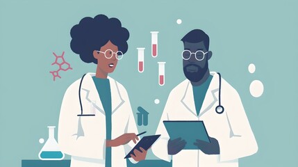 Fototapeta premium Illustration of male and female scientists in a laboratory setting, reviewing data. cartoon style, depicting medical research. educational and informative image. AI
