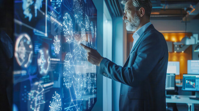 Businessman uses hands to touch technology digital wall screen board.