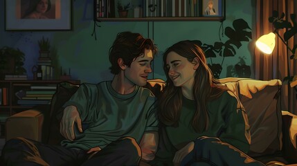 Obraz premium Intimate couple enjoying a quiet evening at home. cozy atmosphere with books and warm light. ideal for lifestyle and relationship themes. AI