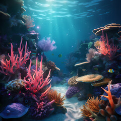 Underwater scene with colorful coral reefs. 