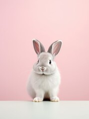 A white rabbit sits atop a wooden table, its ears perked up as if listening attentively.